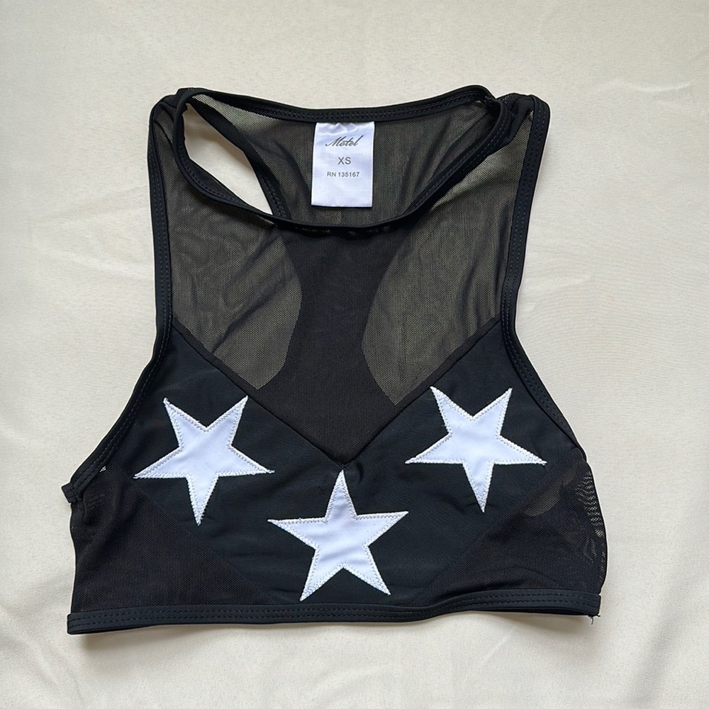 BURNING MAN, black mesh racer back with white stars